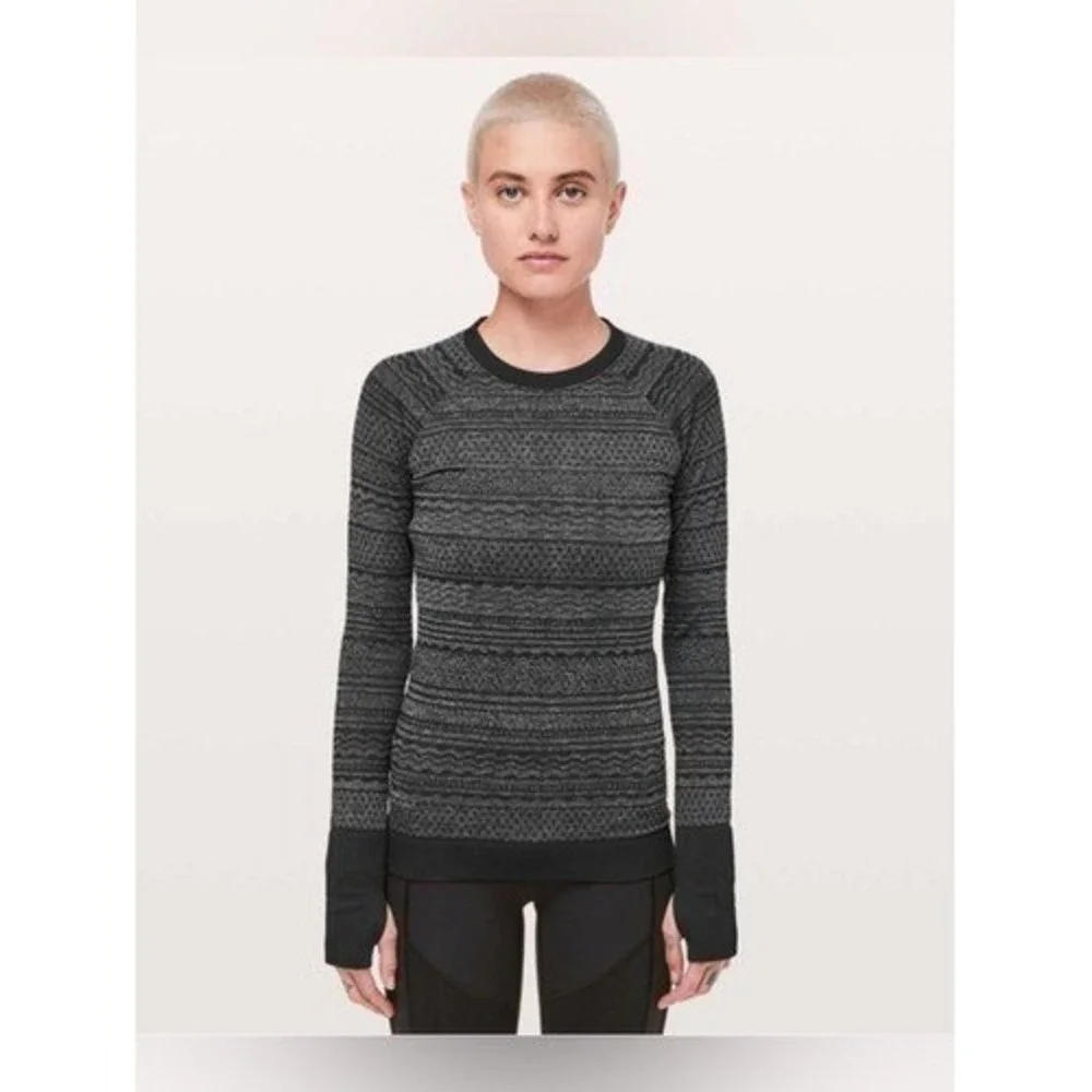 Lululemon Rest Less Pullover Womens 8 Black Gray Seamless Long Sleeve